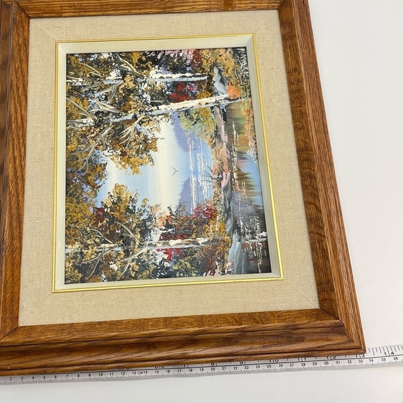 VINTAGE Oil on Canvas Painting Autumn Lake Scene Signed by Artist - Picture 3 of 12